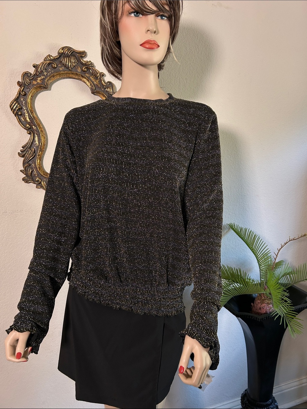 Karl Lagerfeld Black Metallic Knit Long Sleeve Top